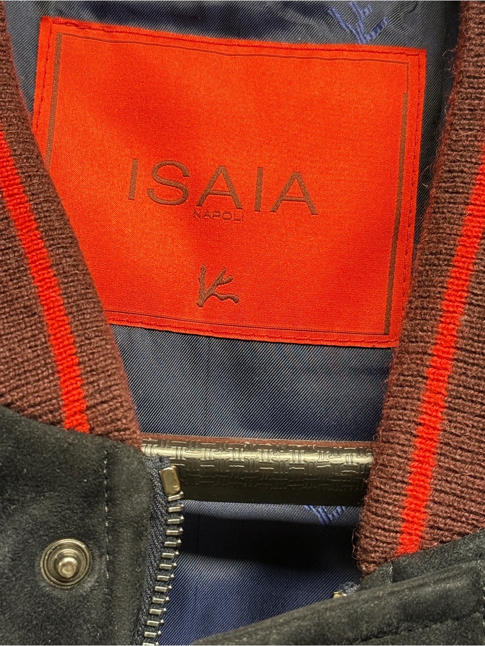Isaia Black Suede Bomber Jacket with Red-Trim Collar